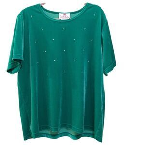 Quacker Factory Shirt Womens XL Green Velvet Studded Short Sleeve Top Sparkle